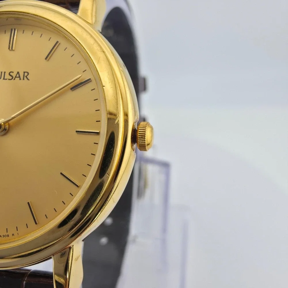 Vintage SEIKO PULSAR Watch 730978 Brown Snake Skin Band Gold Plate 8